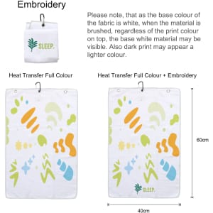 A white golf towel featuring colourful foot and wave designs, with a hook for easy attachment.