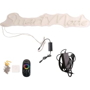 A neon LED sign with a wavy design in white, accompanied by a remote, power supply, and mounting hardware.