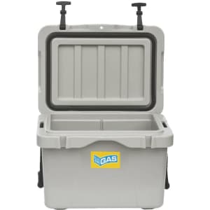 A grey 25L cooler box with an open lid and two handles, featuring a logo on the front.