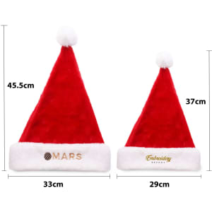 A plush red Santa hat with a white fur trim, featuring a logo and measuring 45.5cm tall and 33cm wide.