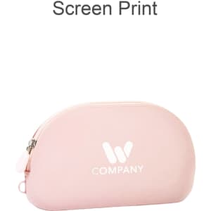 A pink silicone organiser pouch with a smooth finish and a logo on the front.