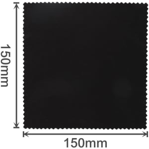 A black RPET lens cloth, square-shaped, measuring 150mm on each side, with a fabric edge.