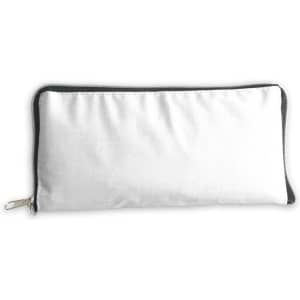A zippered pouch in white, featuring a black zipper trim and a simple design. It has a branding logo on one side.