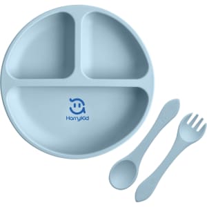 A blue silicone kids suction plate with three compartments and a spoon and fork set. The plate features a logo.