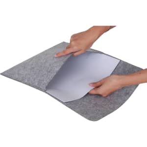 A large grey felt file pouch being opened, showcasing a soft inner lining. The product features a subtle logo.