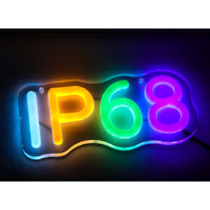 A vibrant Neon LED sign featuring the colours yellow, green, and purple, with an IP68 designation, and a logo.
