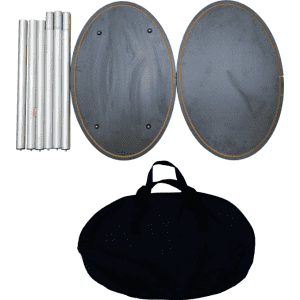 An oval popup booth consisting of two oval panels, silver poles, and a black carrying bag.