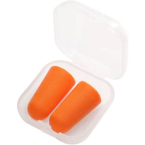 A pair of orange ear plugs in a transparent case, neatly positioned together.