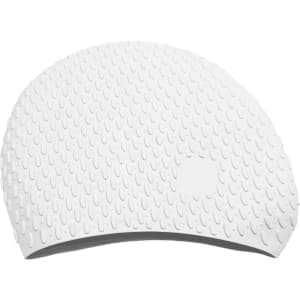 A premium silicone swimming cap in white, featuring a textured surface with water droplet patterns. It has a logo.