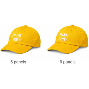 A yellow sports baseball cap with a logo, available in 5 panels and 6 panels styles.