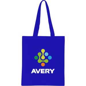 A blue cotton tote bag with long handles and a logo.