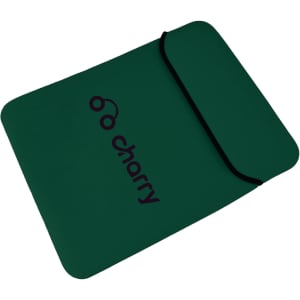 A green tablet PC bag with a secure flap and a branding logo. Ideal for protecting your device.