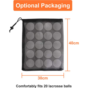 A mesh bag designed for storage, featuring a black colour and capacity for 20 lacrosse balls.