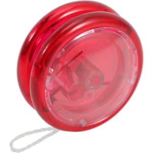 A red yoyo featuring a transparent design with a string attached. It has a circular shape and a glossy finish.