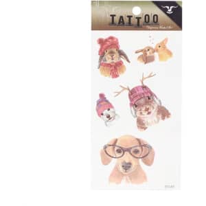A sheet of waterproof temporary tattoos featuring various cute animals in winter attire, including hats and glasses.