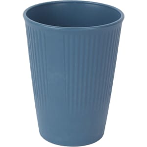 A blue, ribbed cup made from wheat straw, featuring a logo on one side.
