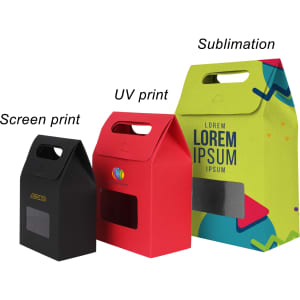 A set of three die-cut handle bags in black, red, and multicoloured designs with a transparent window and branding.