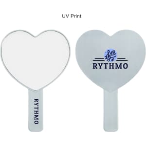 A heart-shaped handheld mirror with a clear handle, featuring a logo printed on one side.