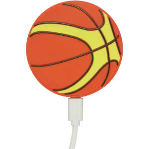 A custom-shaped PVC wireless charger designed like a basketball, featuring orange and yellow colours.