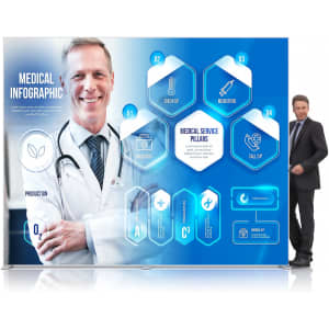 A backlit LED light box display featuring a medical theme with blue tones, infographics, and a doctor image.