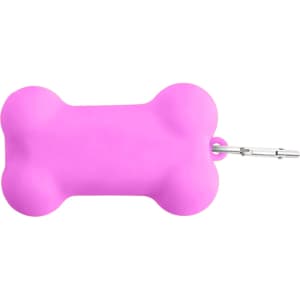 A pink silicone bone-shaped dog poop bag dispenser with a metal clip attached.