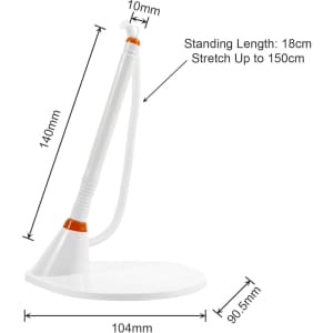 A white countertop pen holder with an orange accent, featuring a flexible arm and measurements displayed.