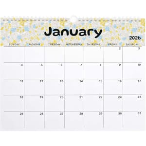 A horizontal wall calendar for January 2026 featuring a floral design at the top and a white grid layout.
