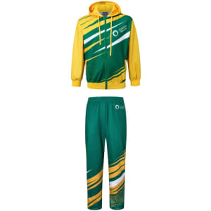 A green and yellow tracksuit featuring a zip-up hoodie and matching pants, with a logo and dynamic design elements.