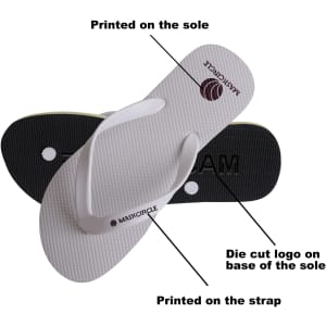 A pair of white rubber thongs with a textured sole and strap, featuring a die cut logo.