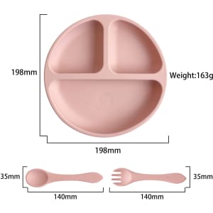 A silicone kids suction plate in soft pink with three compartments, accompanied by a matching spoon and fork.