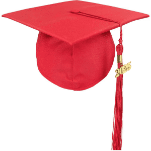 A red mortarboard graduation cap with a gold tassel and 2025 tag attached.