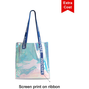 A PVC waterproof tote bag with an iridescent finish and blue screen-printed straps. It features a logo on the straps.