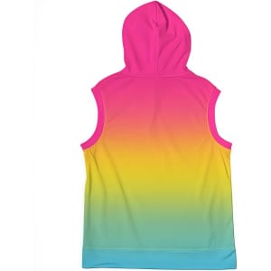 A sleeveless hoodie featuring a vibrant gradient from pink to yellow to blue, with a hood and a pocket.