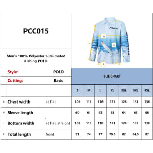 Men's full-sleeve polyester spandex fishing polo in shades of blue, featuring a logo and size chart details.