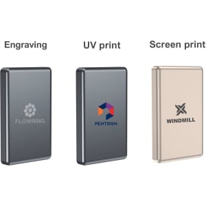 A metallic power bank in various finishes, featuring different logos on a sleek, rectangular design.