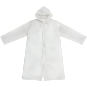 A transparent white raincoat featuring a hood and button closure, made from PEVA material. It has a logo.