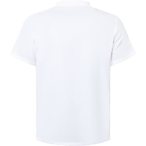 A white short-sleeved chef jacket with a double-breasted design and a plain back. It features a logo.