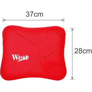 A red laptop bag with a sleek design, featuring multiple pockets and a logo. Dimensions are 37cm by 28cm.