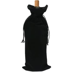 A drink bottle bag in black flannel with a drawstring closure, featuring a cork top and simple design.