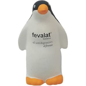 A penguin-shaped stress reliever in white and black with orange accents; features a logo.
