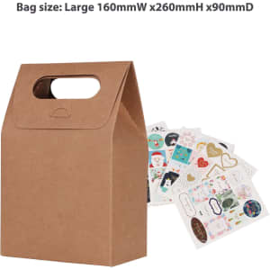 A kraft die cut handle bag in brown, alongside various decorative sticker sheets in different colours.