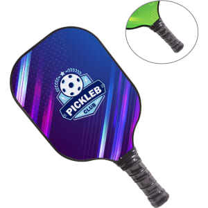 A purple and green fiberglass pickleball paddle with a textured grip and a logo.