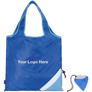 A blue reusable shopping bag with a light blue accent and a attached pouch for foldaway storage. It has a logo.