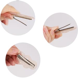 A cloud iridescent alligator hair clip in various angles, showcasing its shape and metal clasp.