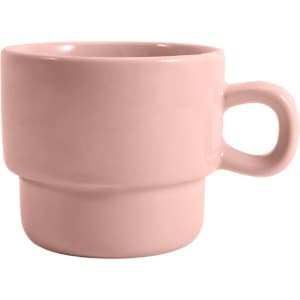 A stackable ceramic mug in soft pink with a handle and a two-layer design. Features a logo on the side.