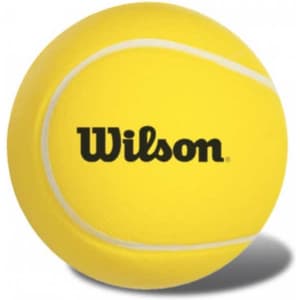 A yellow stress reliever shaped like a tennis ball with a logo. It has white detailing and a smooth texture.