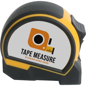 A tape measure with a black and yellow casing, featuring a logo and a grey front.