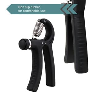 A powerful adjustable hand grip in black with non-slip rubber handles and a metal spring for comfort.