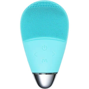 A teal silicone facial cleansing brush featuring a textured surface and control buttons. It has a metallic base.