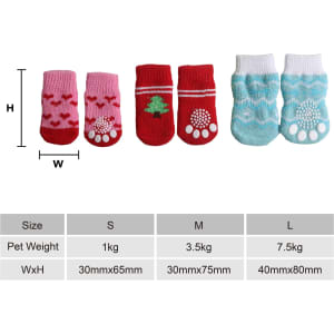 Four pairs of colourful pet socks in pink, red, and blue, featuring patterns like hearts and Christmas trees.